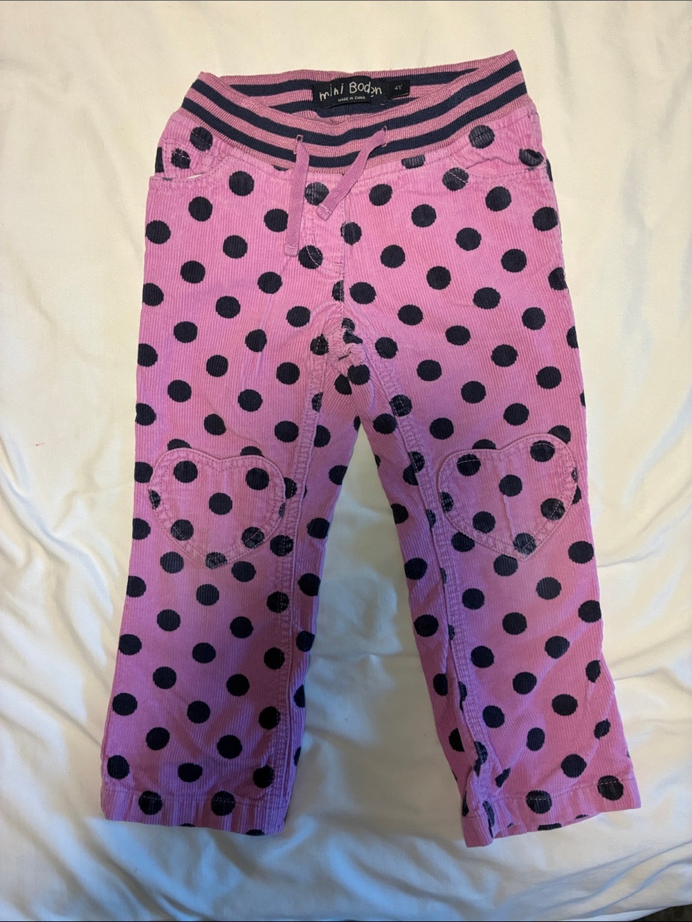 Mini Boden Pink Corduroy Polka Dot Leggings with Navy Dots